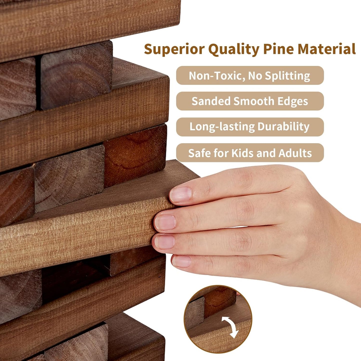 ApudArmis Giant Tumble Tower Stack to Over 5Ft, 60 PCS Pine Wooden Stacking Timber Game with 1 Dice Set - Classic Block Giant Game (7.48 * 2.48 * 1.5 in Each Block, Brown)