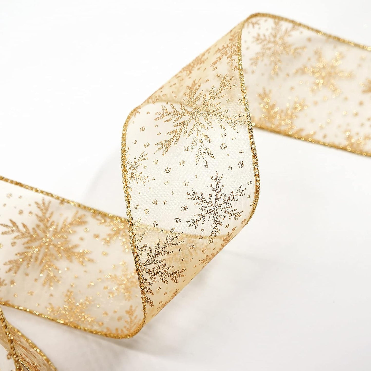 CT CRAFT LLC Organza with Gold Glitter Snowflakes Wired Ribbon 2.5 inch x 50 Yards for Christmas Home Decor Tree Topper Bow Gift Wrapping DIY Crafts Wreath Garland Wedding