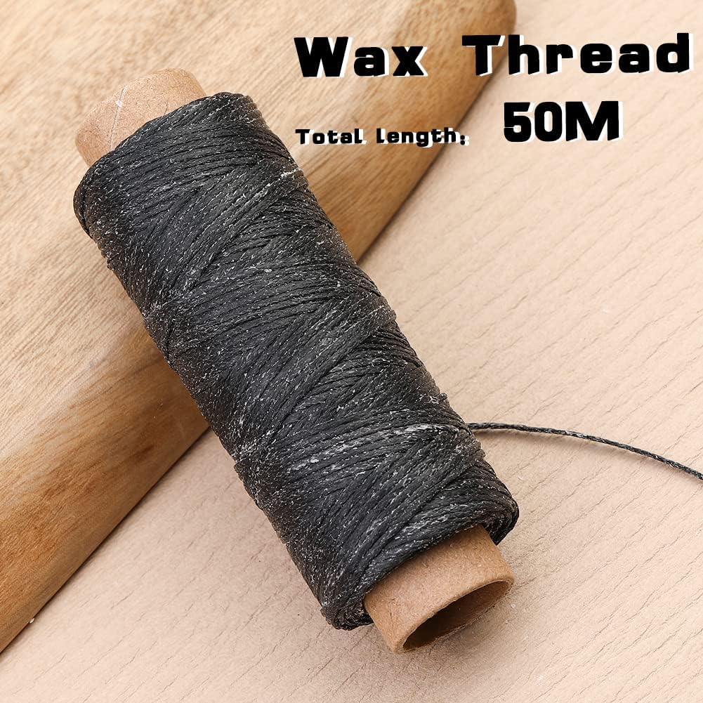 Ftyiwu Black Waxed Thread 55 Yards, Leather Sewing Waxed Thread with Upholstery Needles Hand Sewing Needles for Home Upholstery Carpet Leather Canvas Repair and Sewing