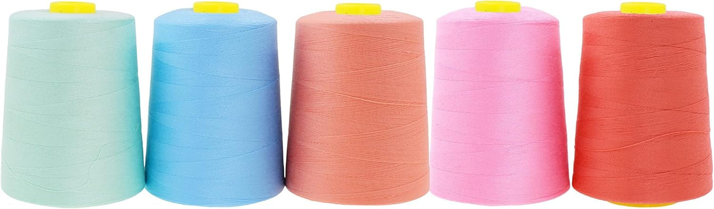Mandala Crafts 5 Pack of Serger Threads Cones Spools - 40S/2 30000 Yards Polyester Pastel Threads for Sergers Machine and Overlock Quilting Sewing Machine