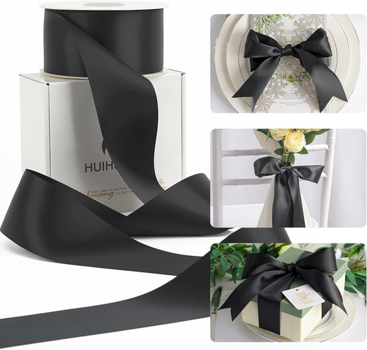 HUIHUANG Black Ribbon 2 inch Double Face Satin Ribbon Black Fabric Ribbon for Crafts, Gift Wrapping, Gift Basket Decor, Flower Bouquet Wrap, Wedding Bridal Shower Decor, Hair Bows -25 Yards/Roll