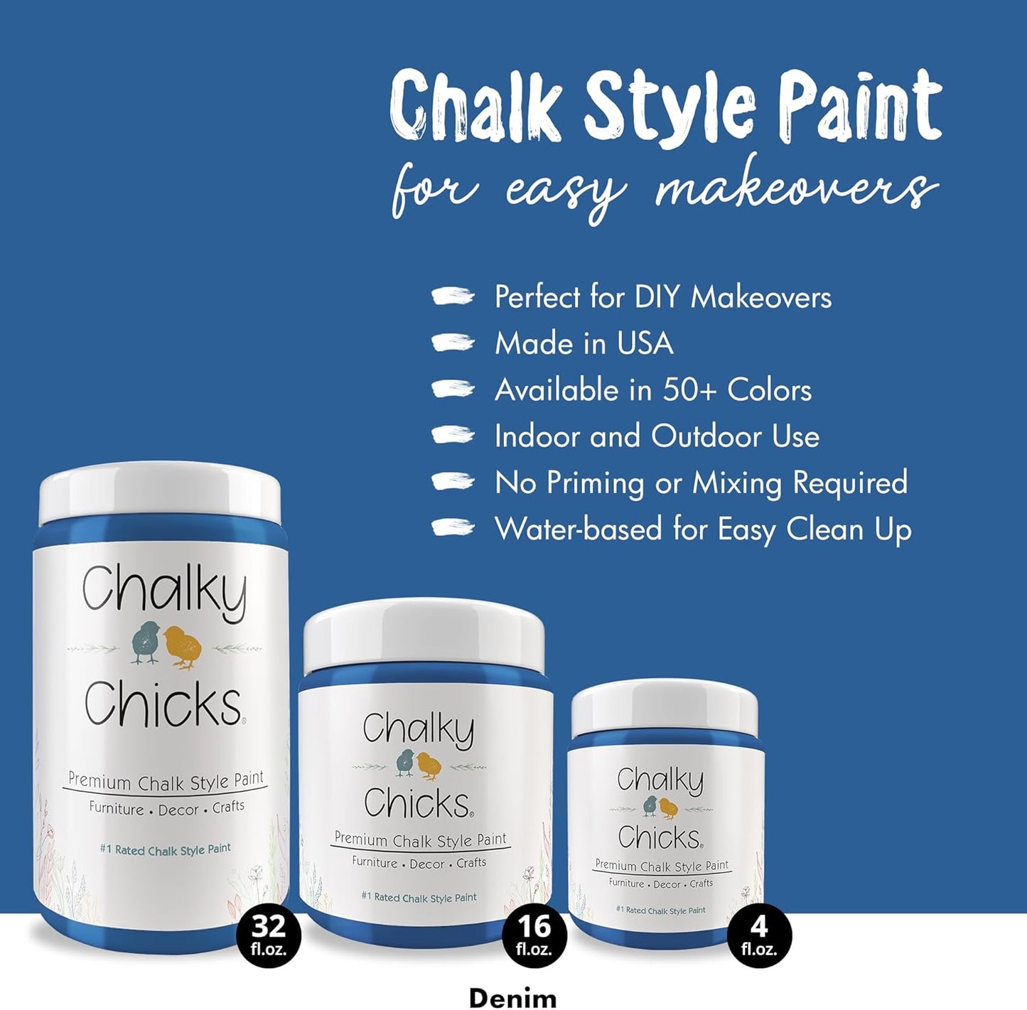 Chalky Chicks All-in-One Chalk Paint for Furniture or Cabinet - 16 Fl Oz - Matte Finish Denim (Navy Blue) for Metal, Wood Furniture Paint - No Sanding All-in-One for Home Decor & Crafts, USA Made