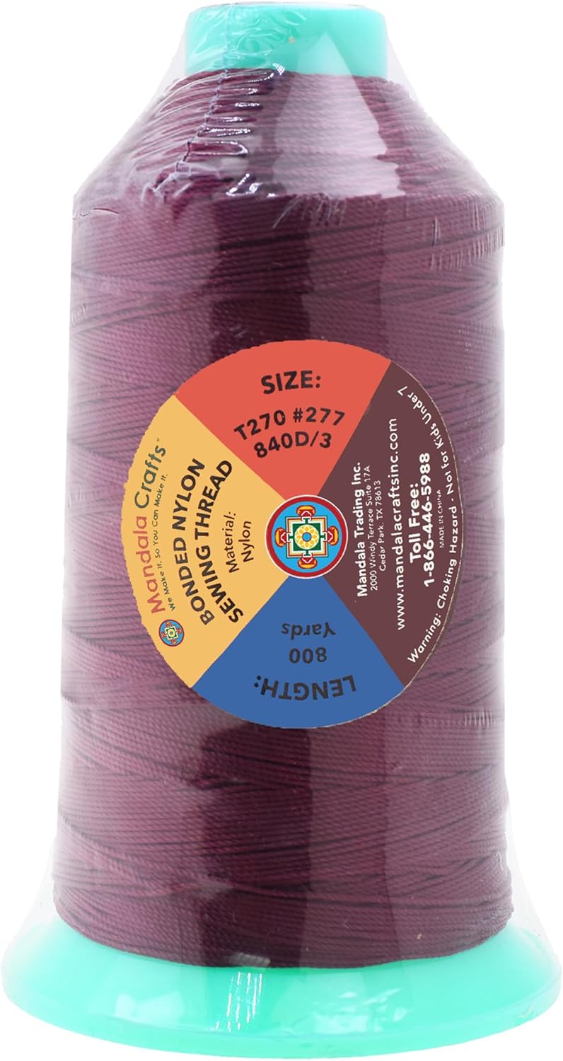 Mandala Crafts Bonded Nylon Thread Burgundy Heavy Duty Sewing Threads - 800 YDs Size 277 840D T270 Tex 270 Thread for Leather Jeans Weaving Outdoor Marine Upholstery Threads
