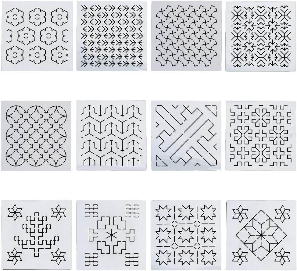 FREEBLOSS Sashiko PET Stencils - Geometric Hand Embroidery Patterns for Drawing and Quilting - 14x14cm Template