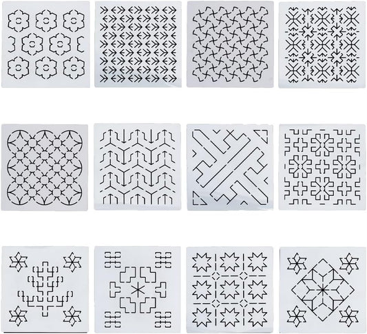 FREEBLOSS Sashiko PET Stencils - Geometric Hand Embroidery Patterns for Drawing and Quilting - 14x14cm Template