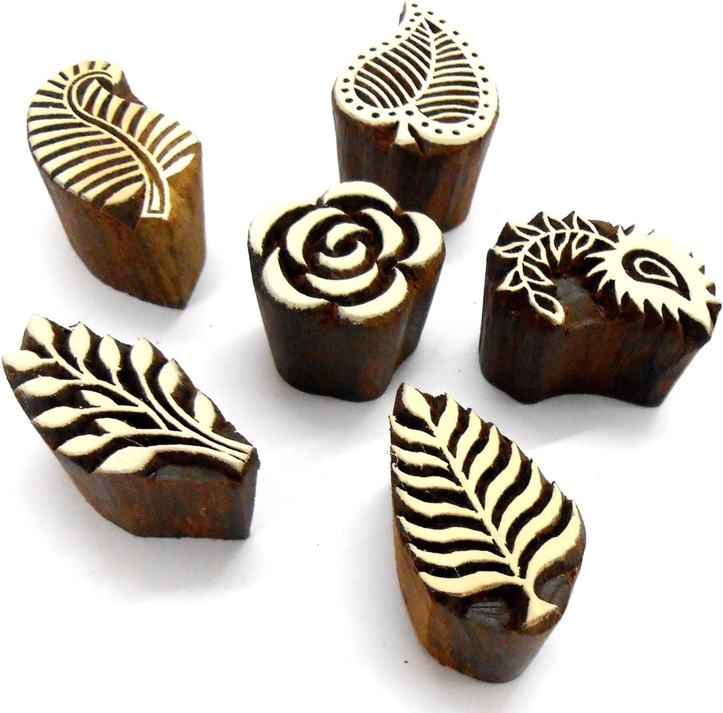 Craftsofindia® Flowers and Leaf Wooden Blocks Stamps for Printing on Textiles, Pottery Crafts,Henna, Scrapbooking (Set of 6)