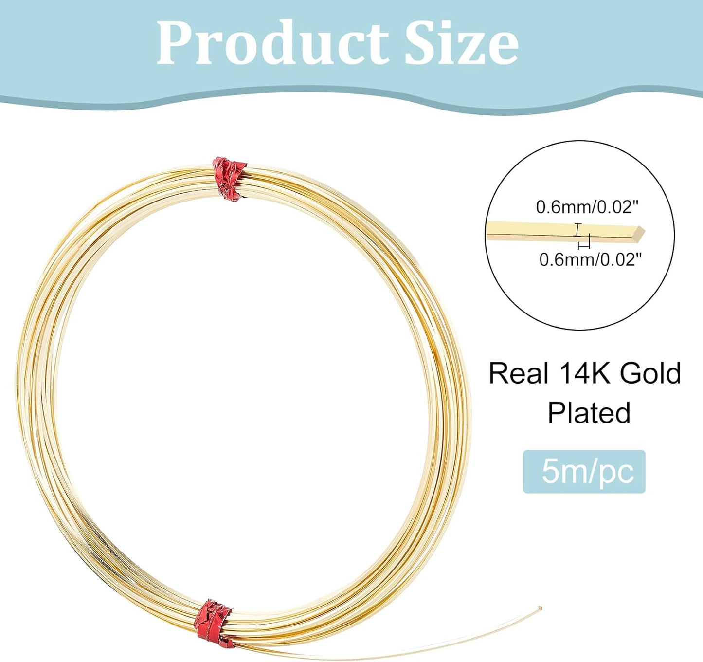 BENECREAT 22Gague 16.4 Feet Real 14K Gold Plated Square Brass Wire, Light Gold Soft Jewelry Wire for Necklace and Bracelet Making