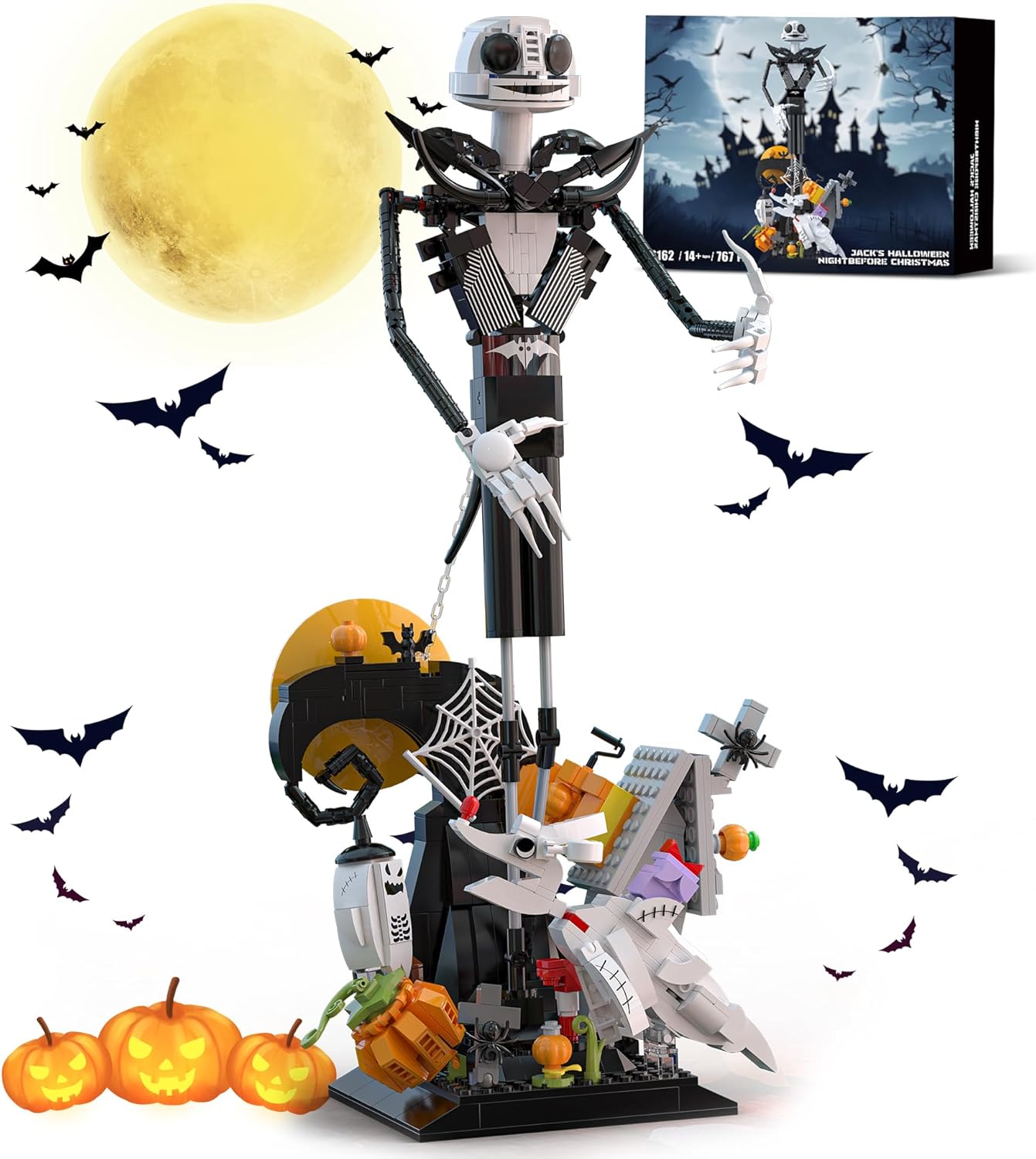 Horror Skull Building Set, Before Christmas Haunted House Building Blocks Set, Pumpkins and Skeleton Ghosts, Halloween Christmas Building Toys Gifts for Movie Fans Adults