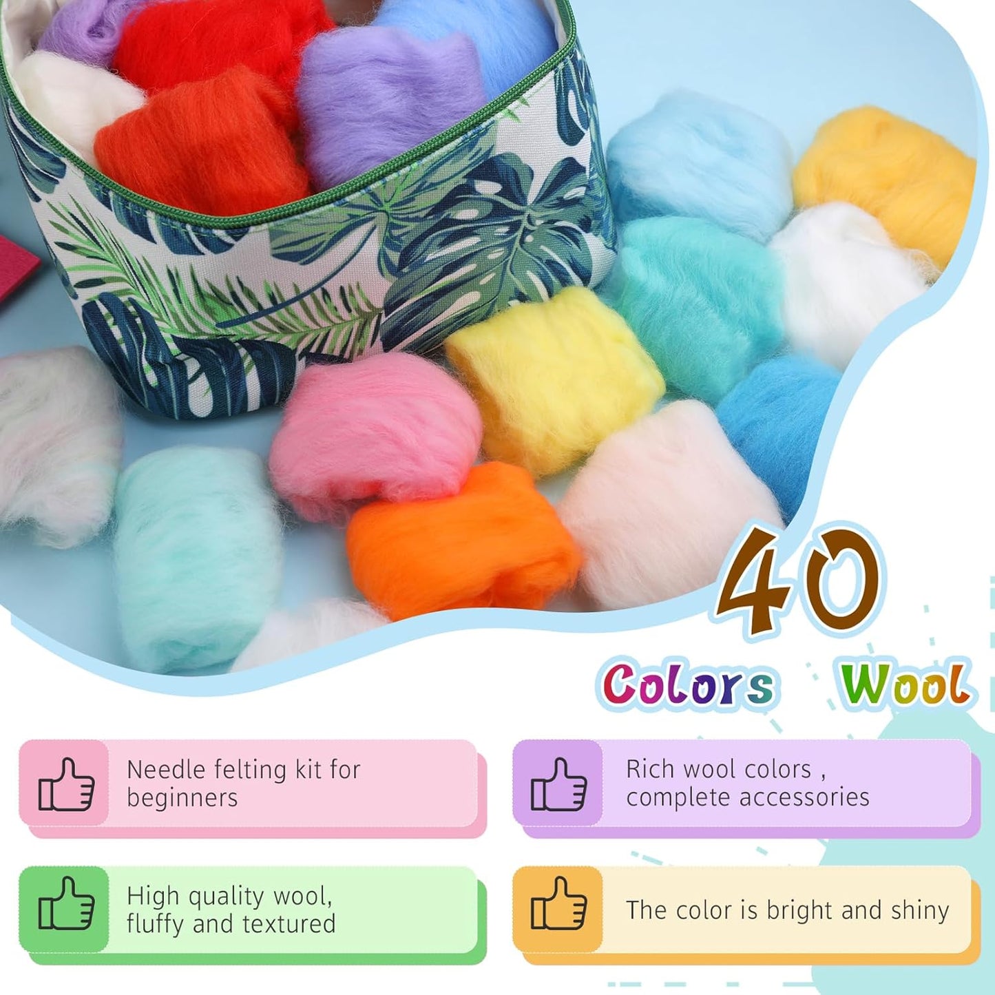 Needle Wool Felting Starter Kit with Exquisite Green Storage Bag, Wool Roving 40 Colors Set, Tools for Felted Animal Needle Felting Supplies
