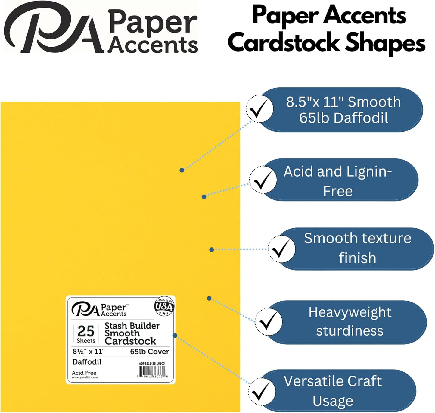 Accent Design Paper Accents Stash Builder Cardstock 8.5" x 11" Daffodil, 65lb colored cardstock paper for card making, scrapbooking, printing, quilling and crafts, 25 piece pack