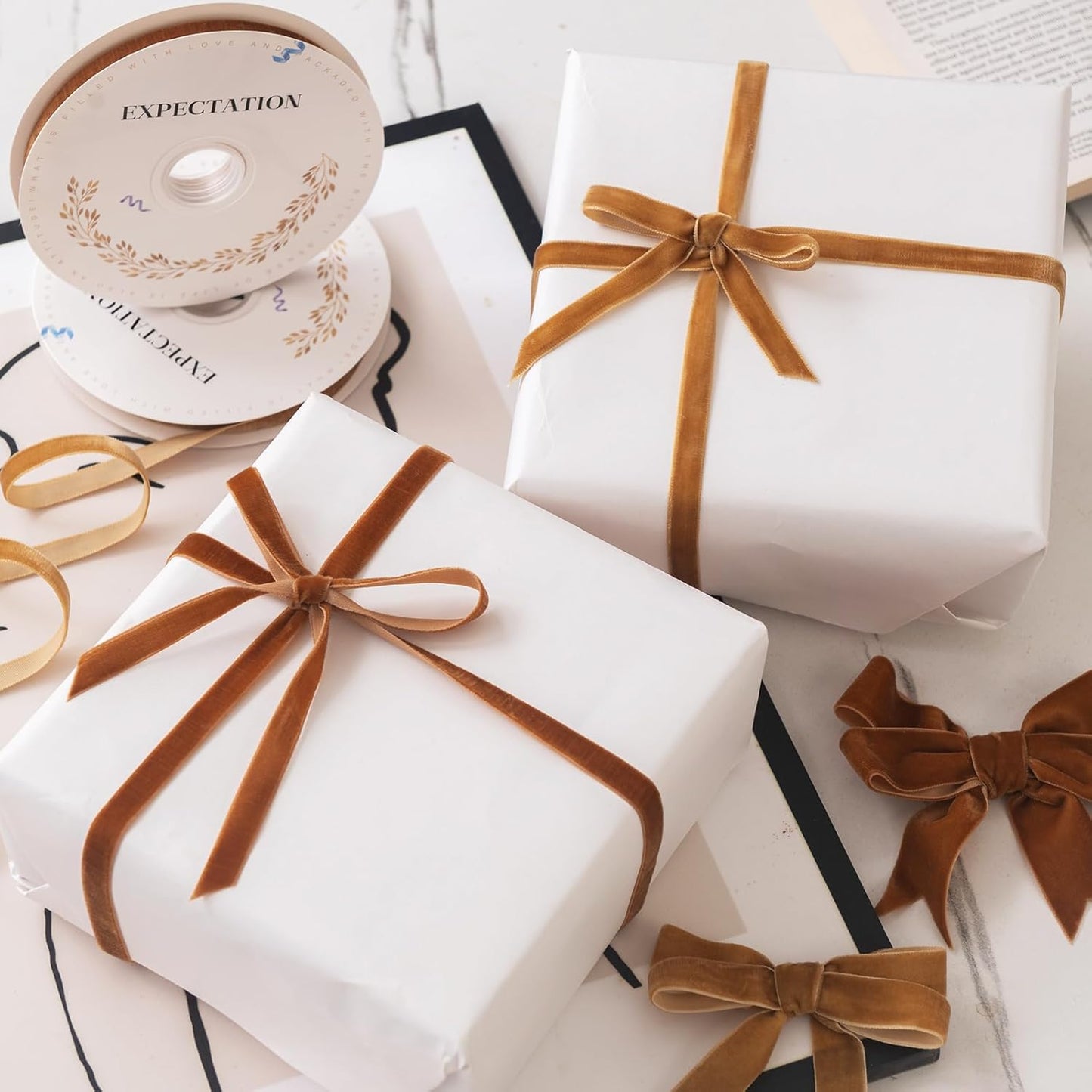 Brown Velvet Ribbon 5/8'' 2 Rolls Total 30 Yards, Use for Gift Wrapping, Christmas Tree, Wreath Decoration, DIY Crafts (Khaki, Brown)