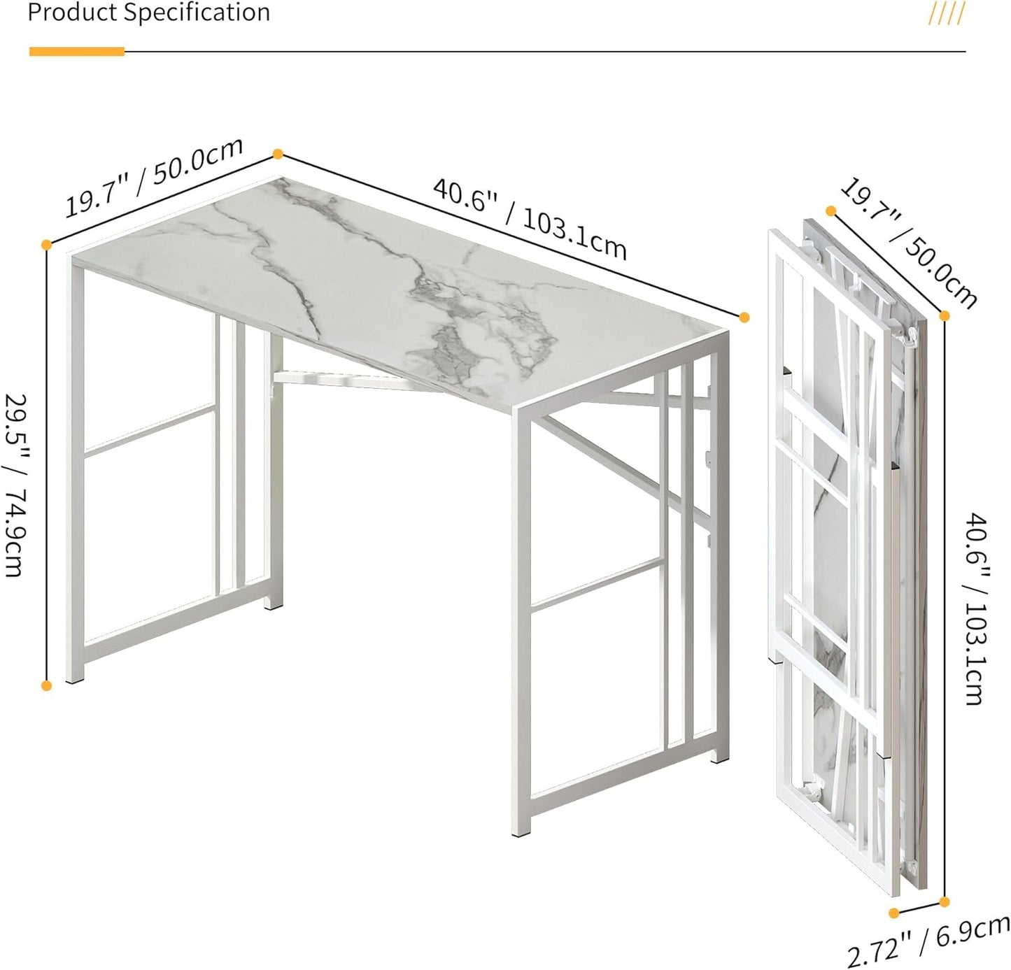 Folding Computer Desk 40 inch Writing Gaming Computer Camping Desk, No Assembly Required Home Office Table, White Marble