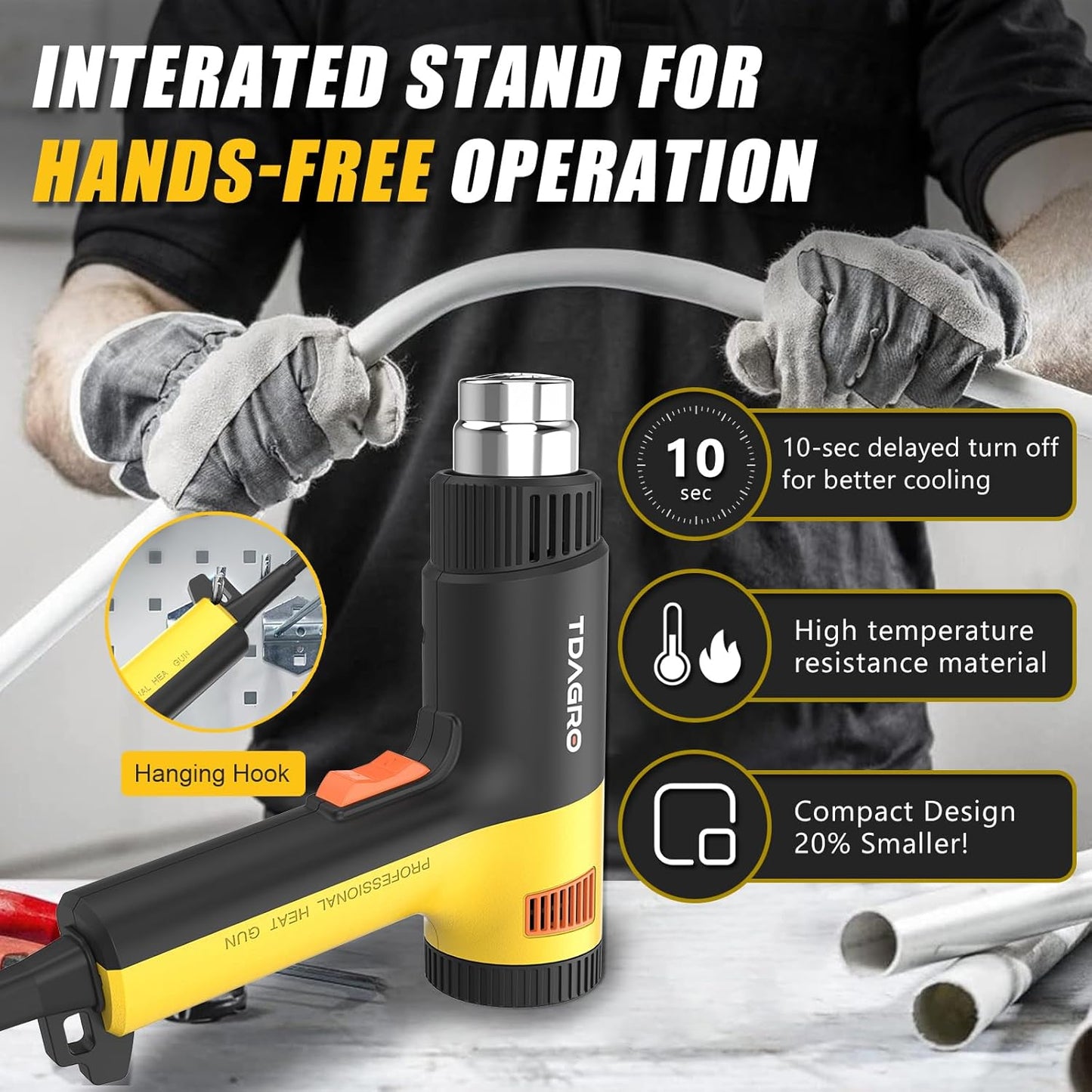 Heat Gun 1.5s Fast Heating,Compact but Powerful Heat Gun for Crafting, Variable Temperature Control from 122℉-1202℉,Mini Heat Gun for Shrink Tubing,Wrapping,Crafts,Resin,Vinyl Wrap (Golden Yellow)