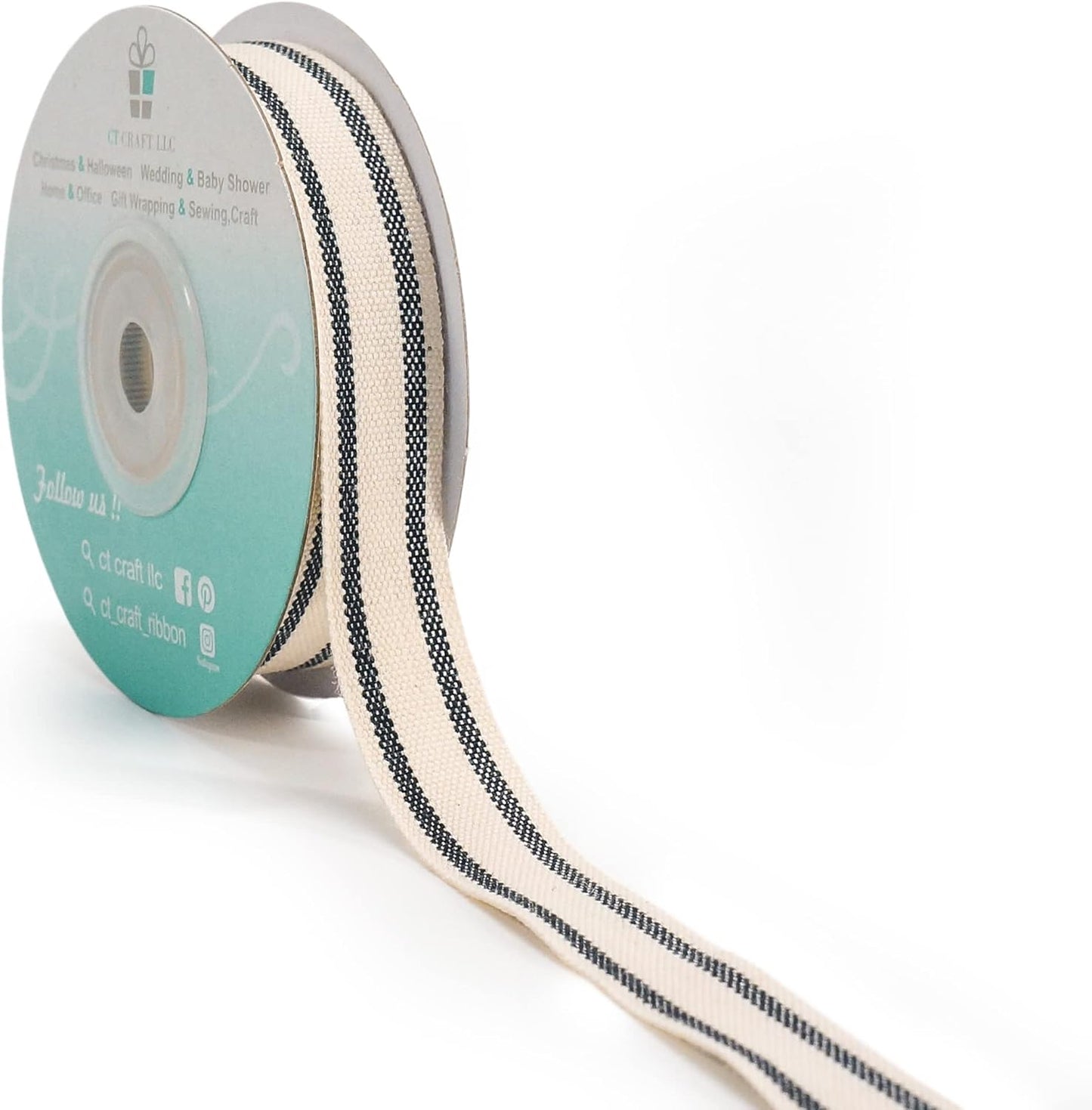 CT CRAFT LLC Ivory Cotton Black Stripes Ribbon 5/8" x 10 Yards for Home Décor Gift Present Wrapping DIY Crafts Birthday Wedding Bouquet Christmas