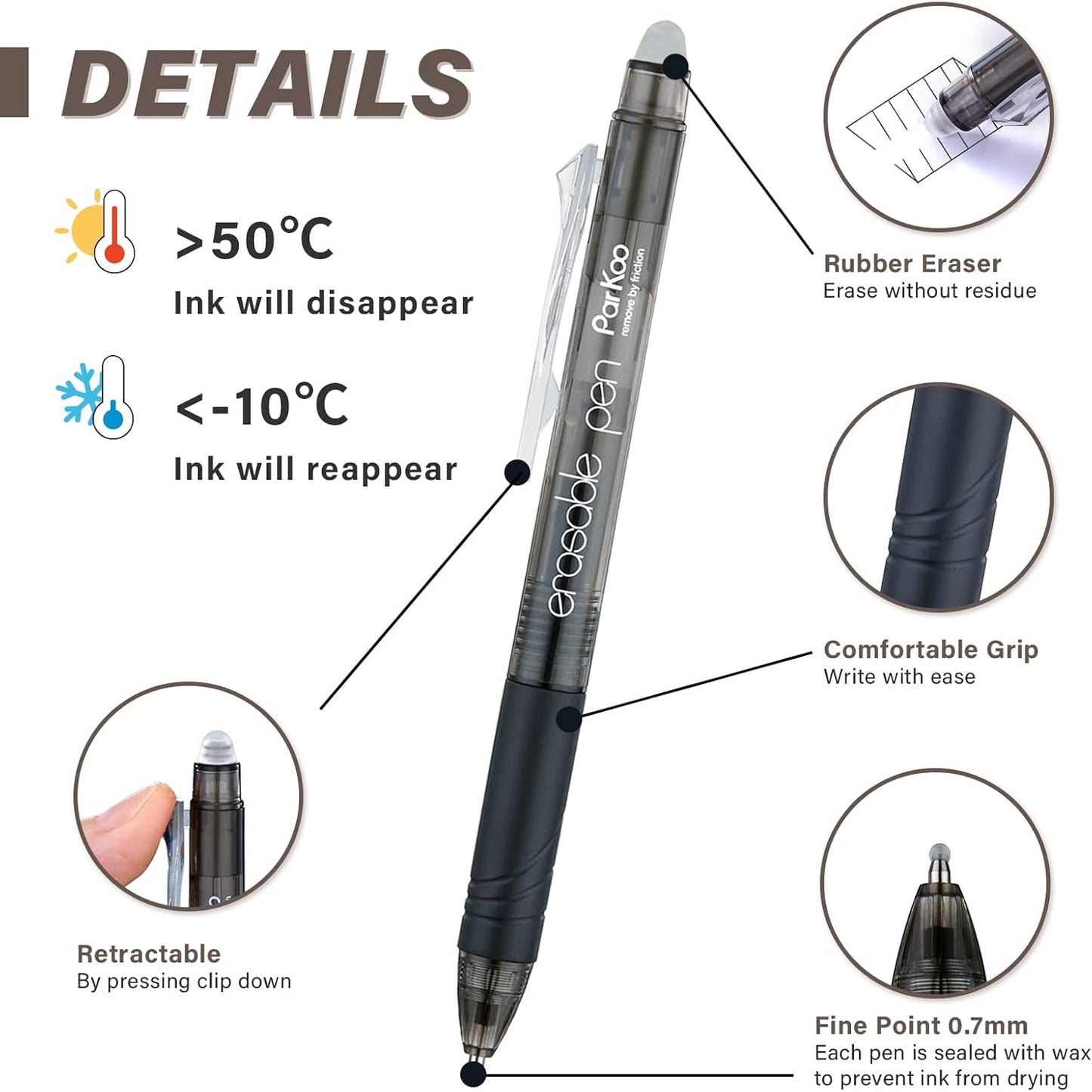 ParKoo Retractable Erasable Gel Pens Clicker Fine Point 0.7 mm, No Need for White Out, 6 Black/6 Blue Ink for Completing Sudoku and Crossword Puzzles