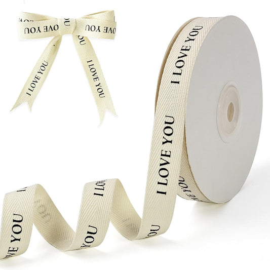 Cotton Herringbone Ribbon - Natural Twill Tape for Custom Gift Wrapping & DIY Crafts-5/8 Inch x 15 Yards - I Love You Printed Phrase