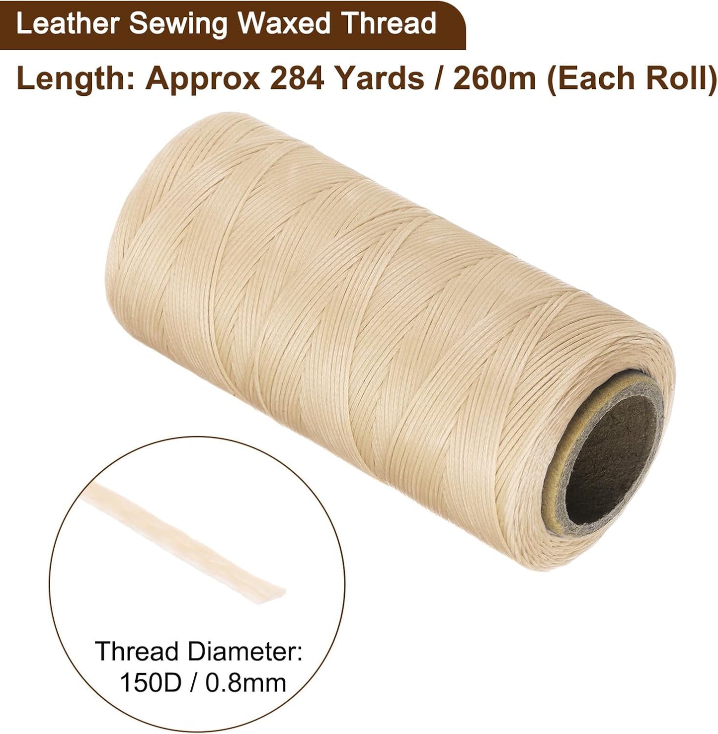 uxcell 150D 0.8mm Flat Waxed Thread 284 Yards Polyester Leather Sewing Waxed String Hand Stitching Waxed Cord for Leather Stitching Sewing Bookbinding DIY Craft Beige