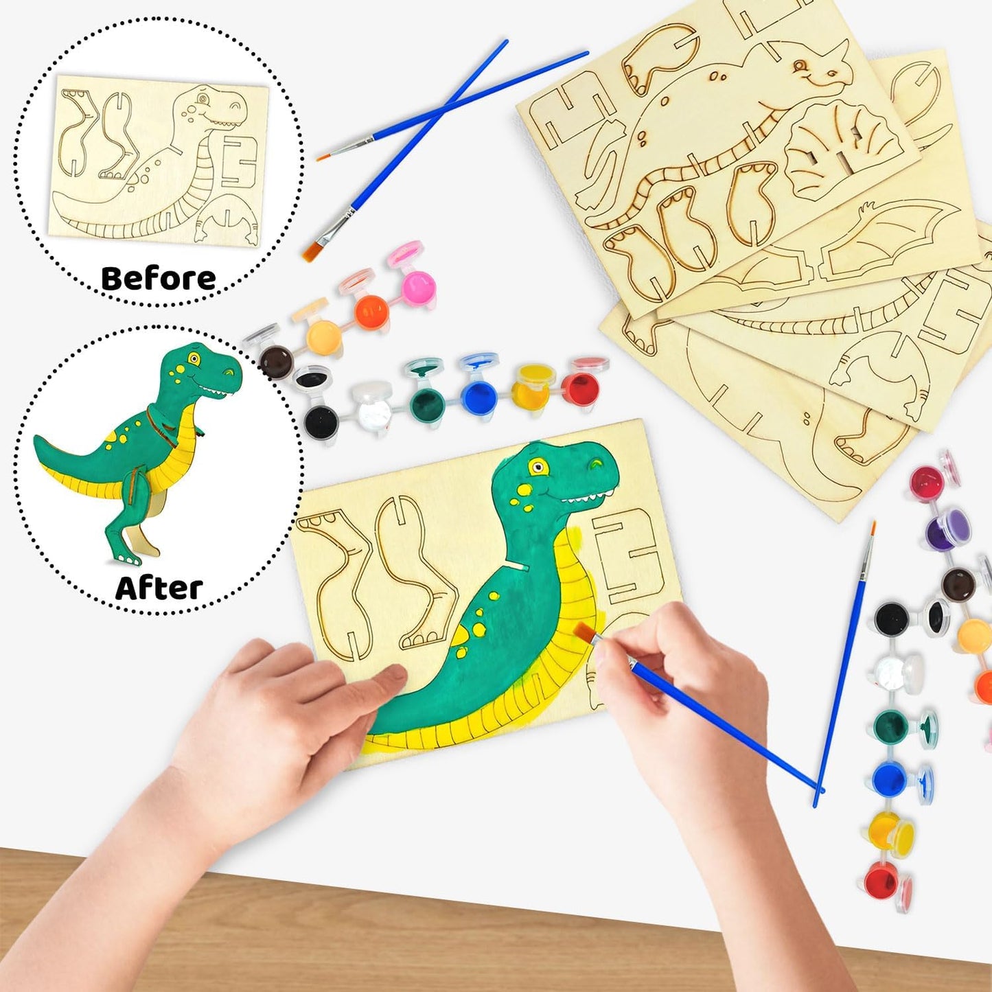 Vileafy Wooden Dinosaur Crafts for Kids Ages 4-8, 3D DIY Painting Kit with 6 Dinosaurs, Brushes & Paint -Arts and Crafts - Preschool Activity and Gift for Boys and Girls