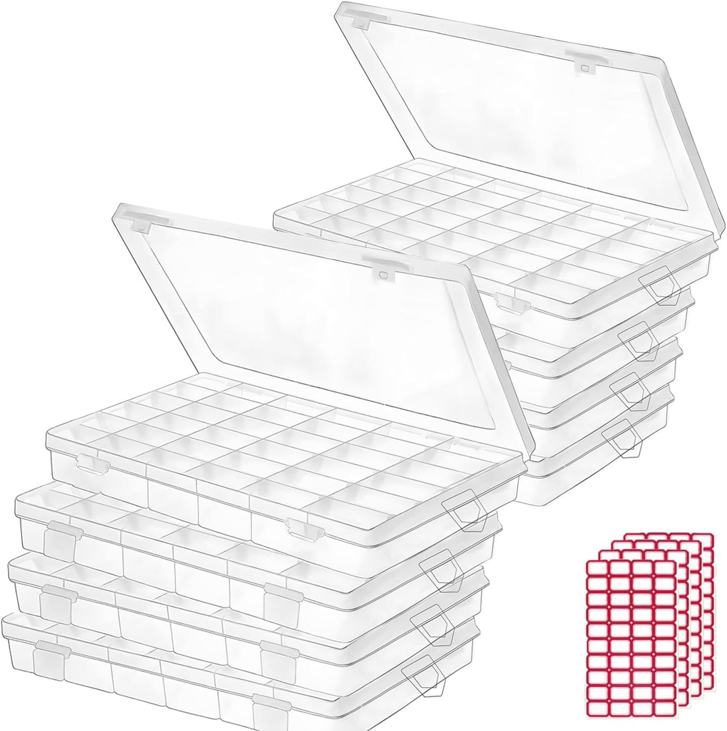 8pack 36 Grids Plastic Clear Organizer Box bead Storage Containers with Adjustable Dividers for Craft Jewelry Fishing Tackles Parts Storage with 8 Sheets Label Stickers