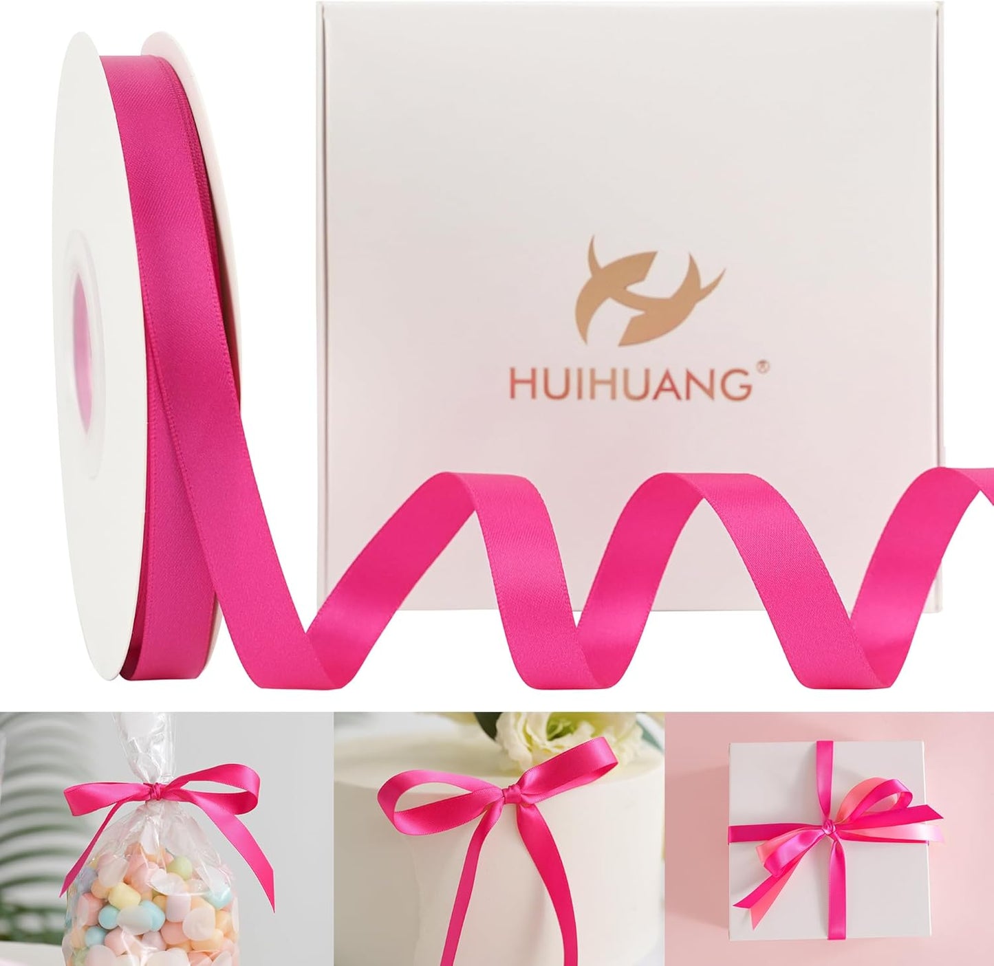HUIHUANG Hot Pink Satin Ribbon 1/2 inch X 50 Yards Continuous Fuchsia Double-Faced Satin Ribbon for Gift Wrapping, Bows, DIY Crafts, Flower Bouquet, Wedding Bridal Shower Decor, Flower Crown