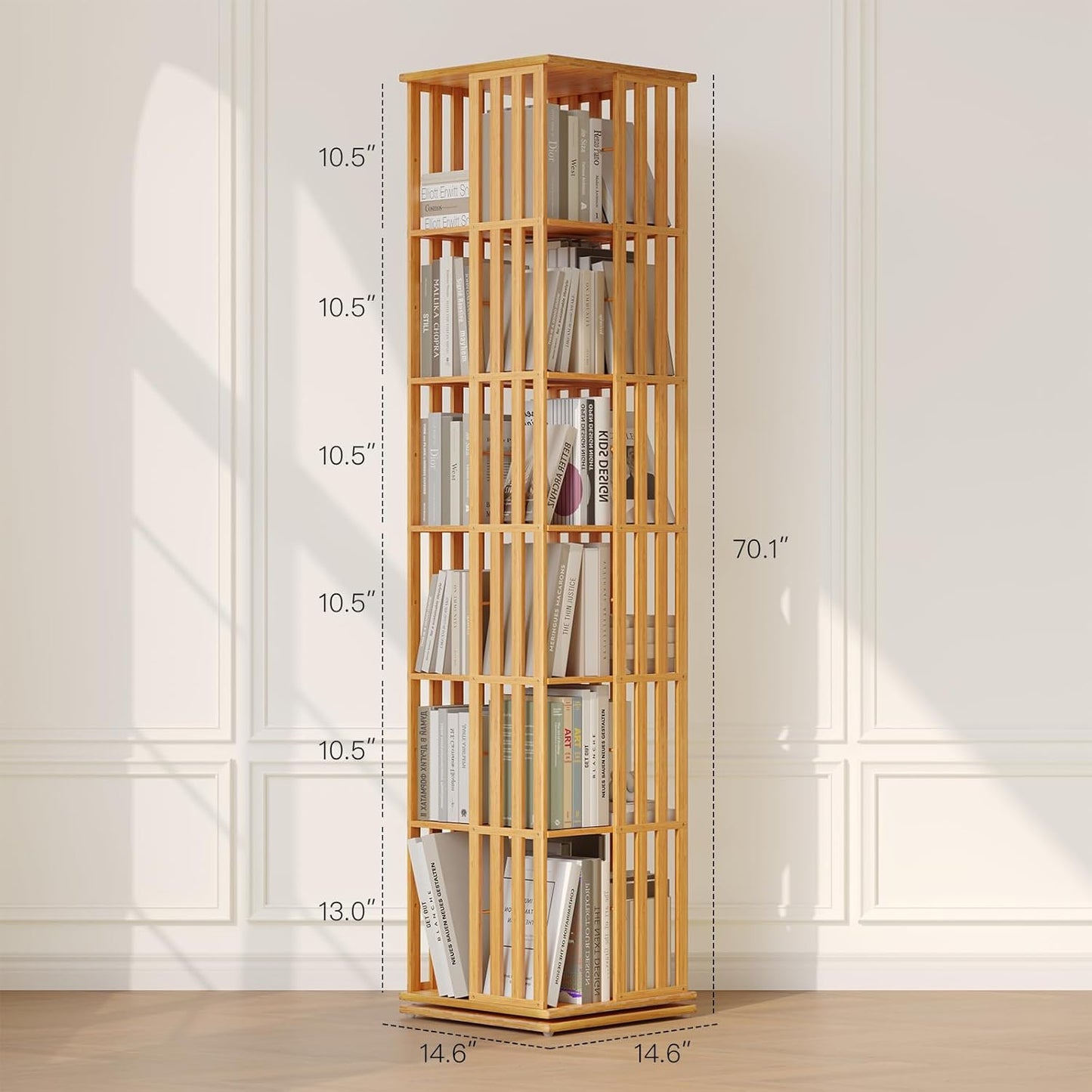YOWOS Rotating Bookshelf Tower, 360 Display Spinning Bookcase, Bamboo Bookshelf Floor Standing Storage Rack, Wood Narrow Book Shelf Organizer for Kids&Adults(Nature, 6 Tier)