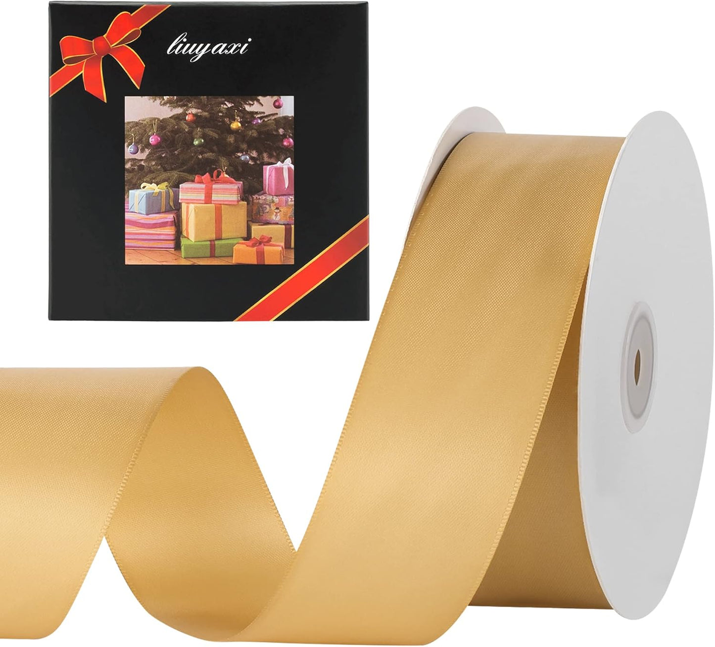 LIUYAXI Old Gold Double Faced Satin Ribbon, 2" X Continuous 25 Yards, Ribbons Perfect for Gift Wrapping Wedding Bouquet Decor DIY Craft Bow Making & Other Projects