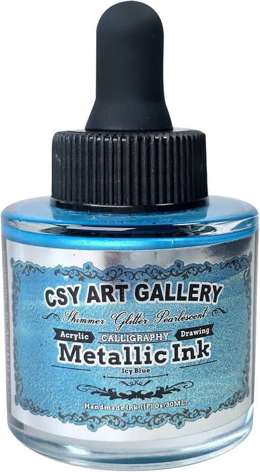 CSY Art Gallery High Flow Metallic Acrylic Ink-Drawing & Lettering Professional Acrylics Paint for Drawing, staining, Dripping, Pouring, Calligraphy, Color Washes (ICY Blue)