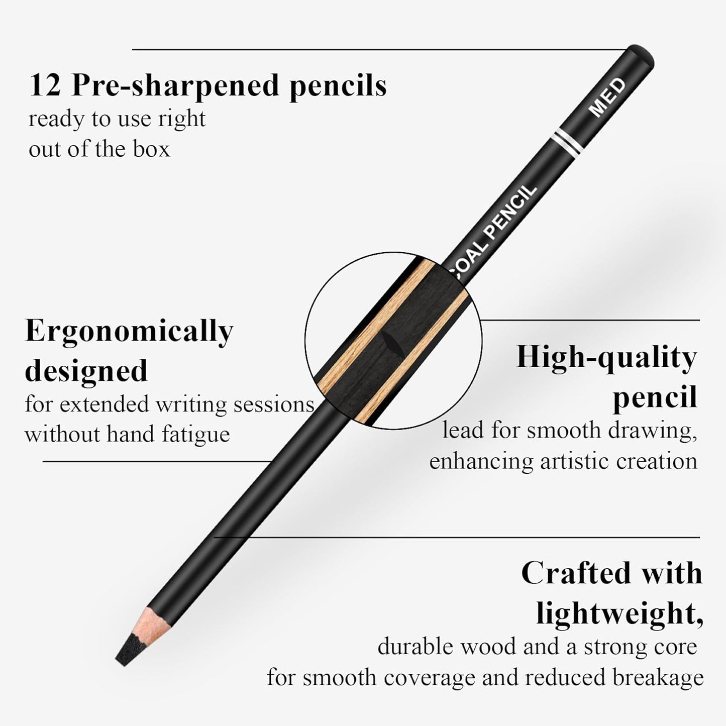 Charcoal Pencils for drawing, Set of 12, Charcoal Drawing Pencils (S-Soft, Soft, Medium, Hard), Art Supplies for Artist, Sketching, Shading