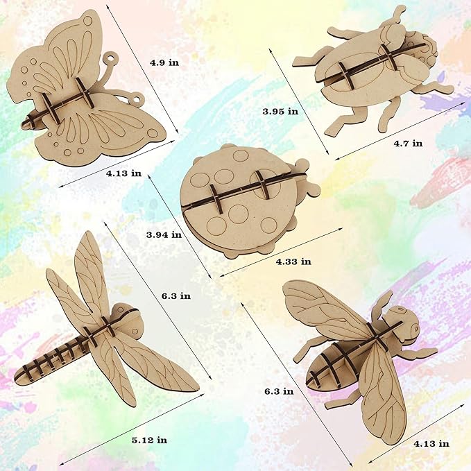 Glintoper Wooden Insect Crafts Painting Kit for Kids Boys Girls, 5 Piece Set DIY 3D Insect Puzzle with Brushes & Paint Decorate Your Own Painting Gift for Christmas Easter Birthday Party Favors