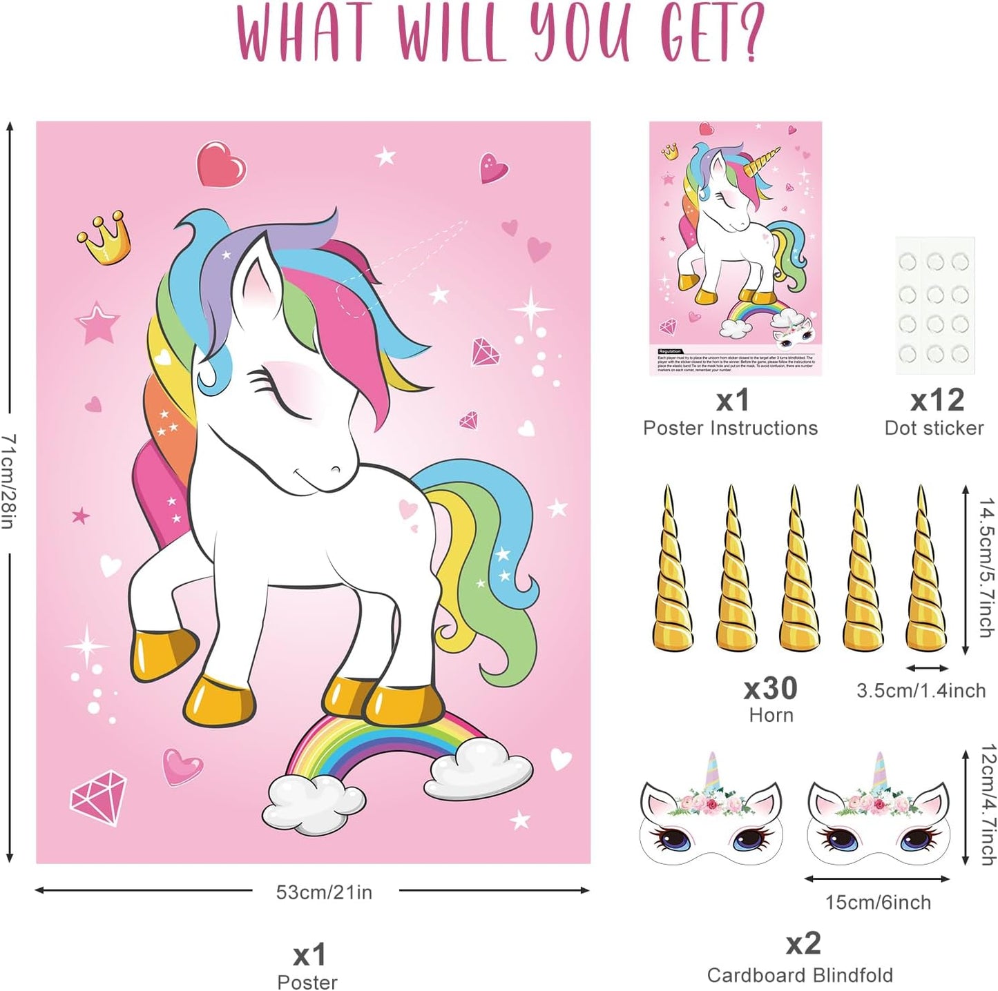 ASTARON Pin The Horn on The Unicorn Birthday Party Game with 30 Horns for Unicorn Party Supplies Favors Girls Rainbow Party Decorations, Pin The Tail Game for Christmas