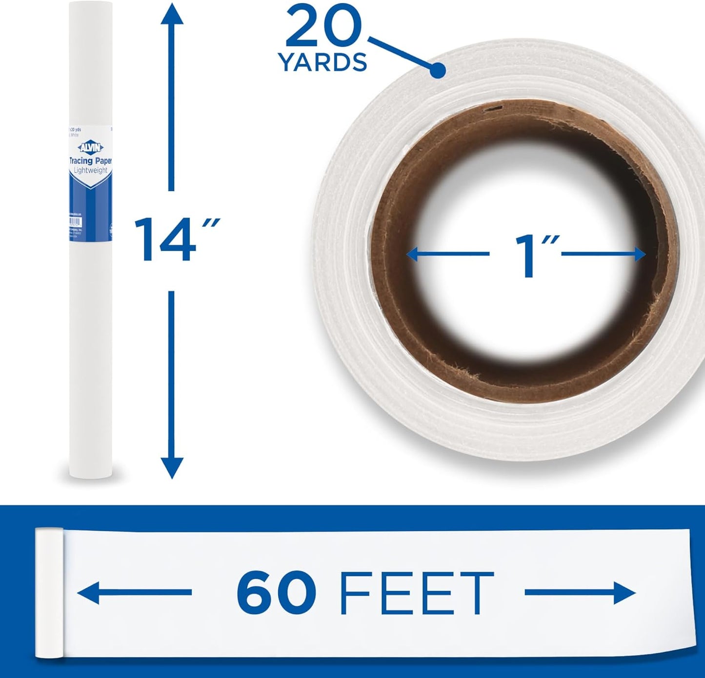ALVIN 55W-B Lightweight Tracing Paper Roll, White, Suitable with Ink, Charcoal, Felt Tip Pen, for Sketching or Detailing - 14 Inches, 20 Yards, 1-inch Core