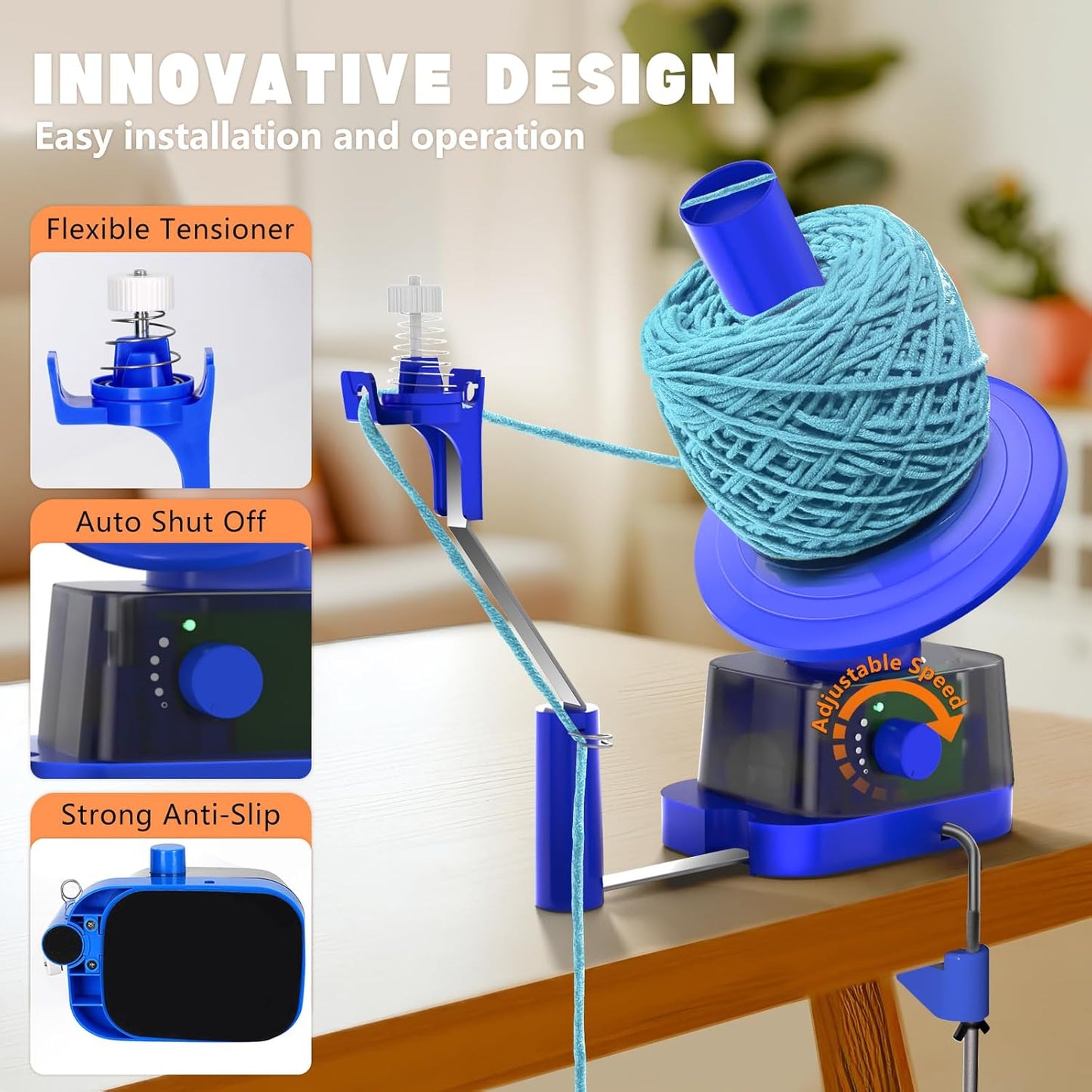 Yarn Winder, Electric Yarn Ball Winder for Crocheting, Efficiently Cake with Strong Tension Adjustable Speed Up to 13 oz, Automatic Spinner Wool for Knitting Enthusiast (Blue)