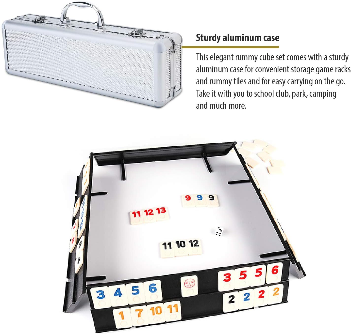 ERLLE - 106 Rummy Tiles Game Set with Aluminum Case. Deluxe Rummy Cube Game for Adults & Families, Includes 4 Anti-Skid Racks, Dice. Travel Board Game for 2-4 Players, Colorful Melamine Tiles.