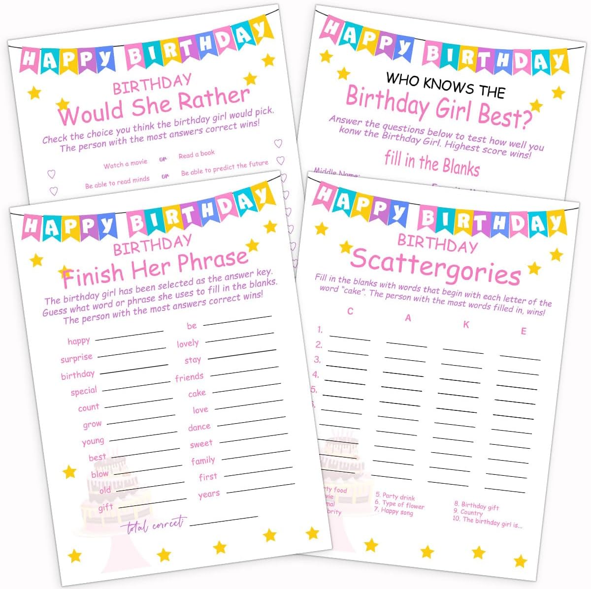ALodr Girls Birthday Party Set, 20 Birthday Double Sided Cards Set, Girls Birthday Party Activity Notebook Themed Party Activity and Idea - Girl Birthday Supplies, Activity, Decorations