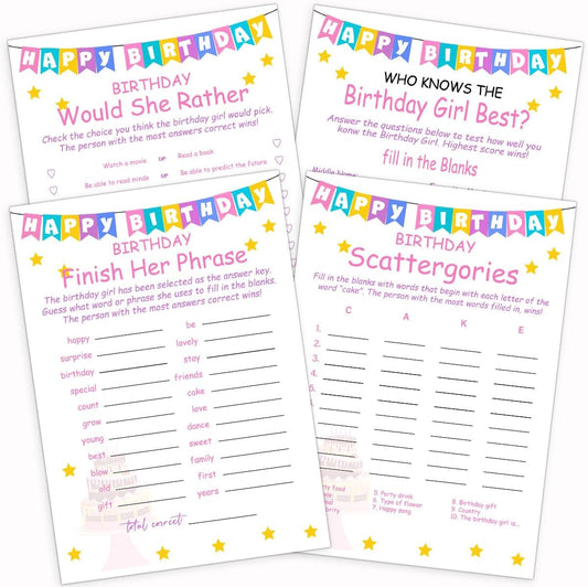 ALodr Girls Birthday Party Set, 20 Birthday Double Sided Cards Set, Girls Birthday Party Activity Notebook Themed Party Activity and Idea - Girl Birthday Supplies, Activity, Decorations