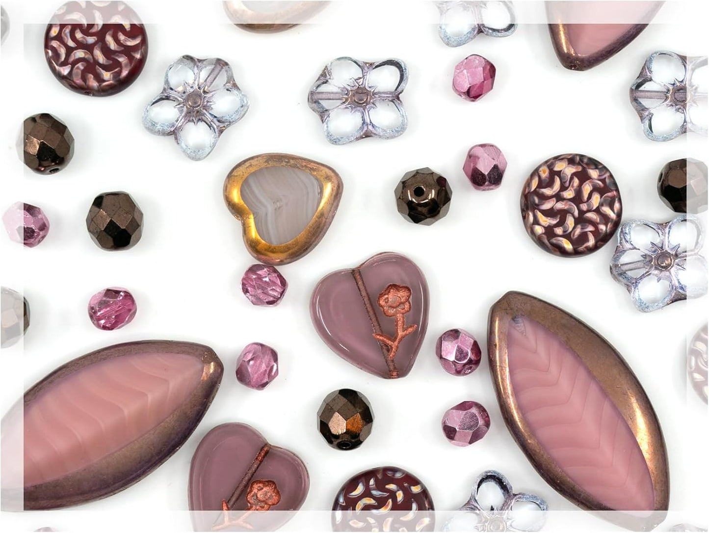 45+ pcs (2.1oz=60g) of Focal Glass Bead Mix with Table-Cut Flower and Butterfly Beads, PG Pink Purple