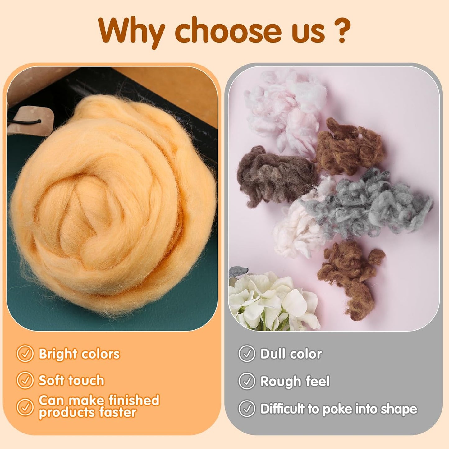 3.53oz Wool Roving Yarn, Wool Felting Supplies, Pure Wool, Chunky Yarn, Spinning Wool Roving for Needle Felting Wet Felting DIY Hand Spinning (Light Orange)