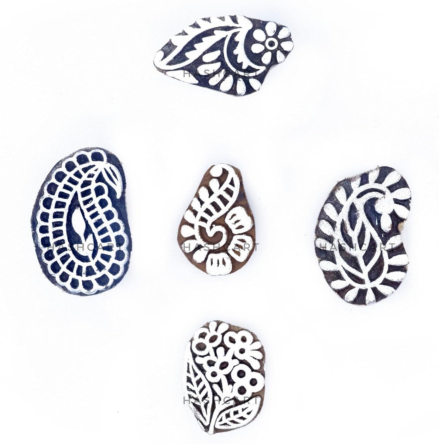 HASHCART® Paisley Shapes Wooden Printing Stamps for Block Print, Handcarved Indian Textile Printing Blocks for Tattoo Saree Border Scrapbooking Kids Paper Clay, Pottery Stamps [ Set of 5 ]