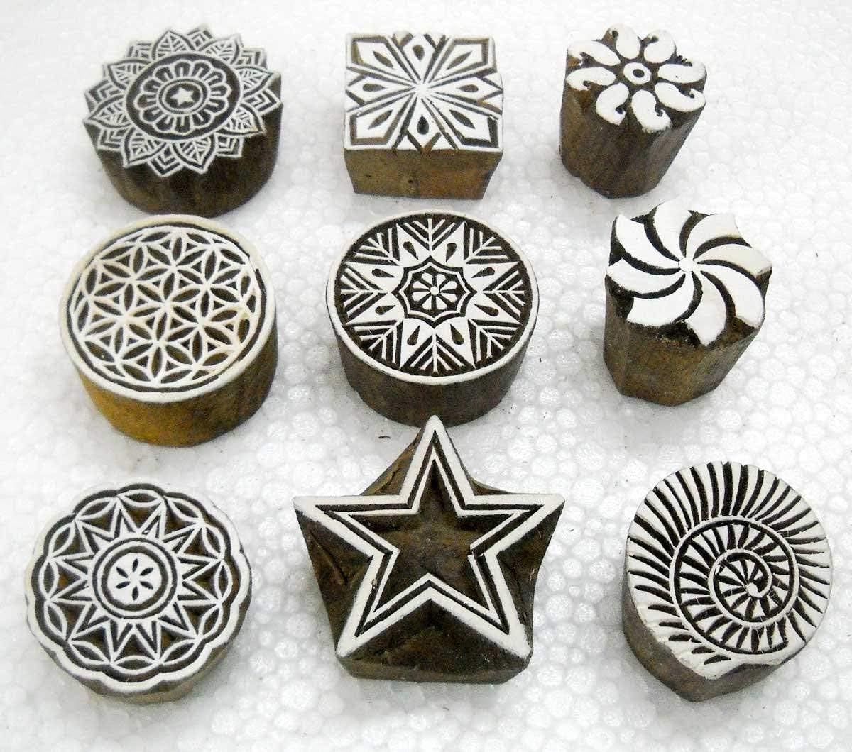Wholesale Lot of Nine Beautiful Wooden Block Stamps/Tattoo/ 100% Handcarved Indian Textile Printing Blocks
