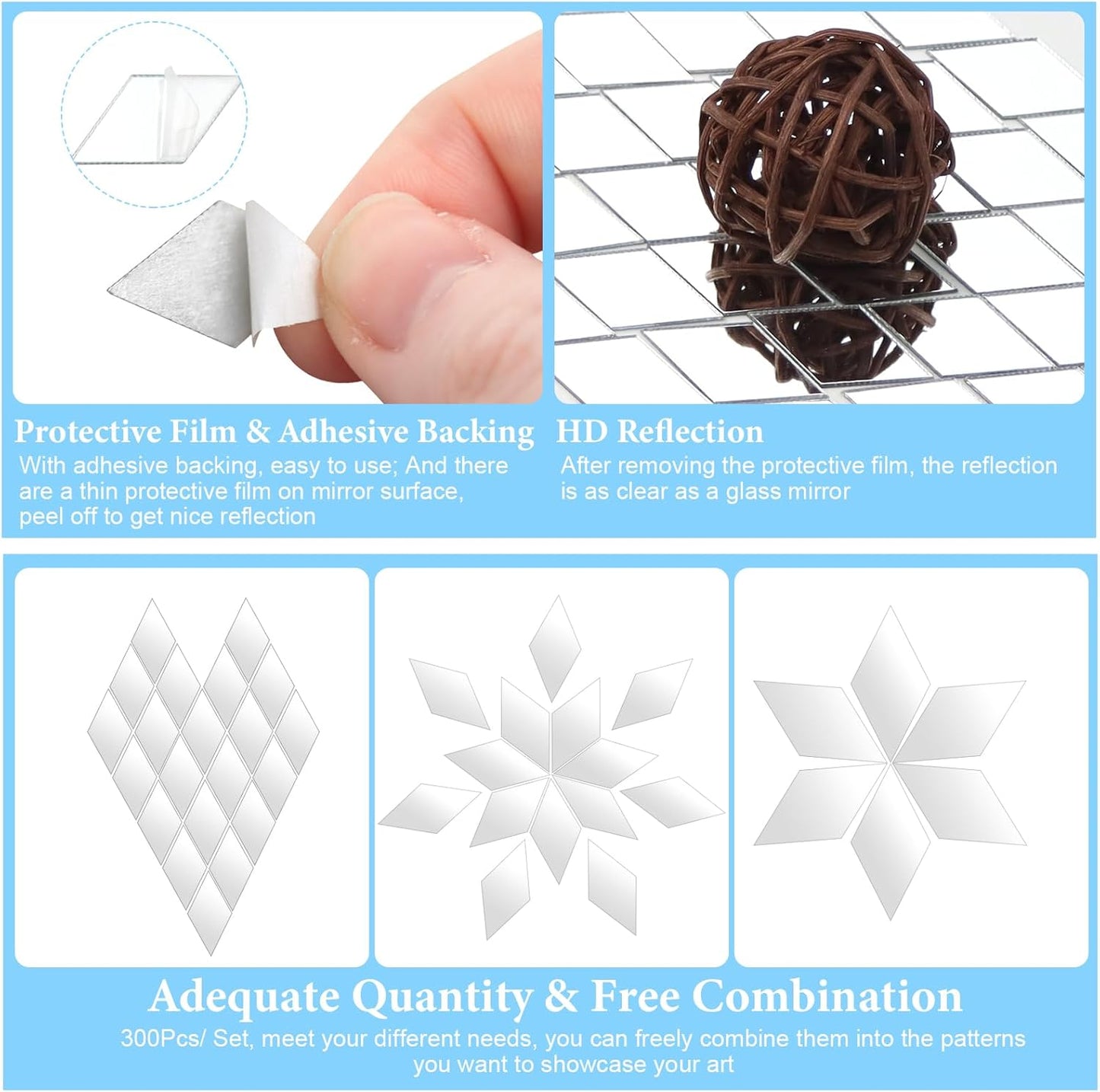 DARENYI 300PCS Diamond Shape Mirror Mosaic Tiles for Craft, Mini Rhombus Mirror Pieces Self-Adhesive Acrylic Mirrors Sheets Mosaic Pieces Flexible Craft Mirrors Bulk for DIY Projects Wall Decor