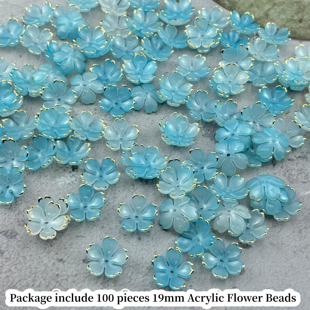 100pcs Acrylic Flower Beads, 19mm Cherry Blossom Plastic Gradient Flower Spacer Beads for DIY Crafts Bracelet Necklace Earrings Jewelry Making(Blue)