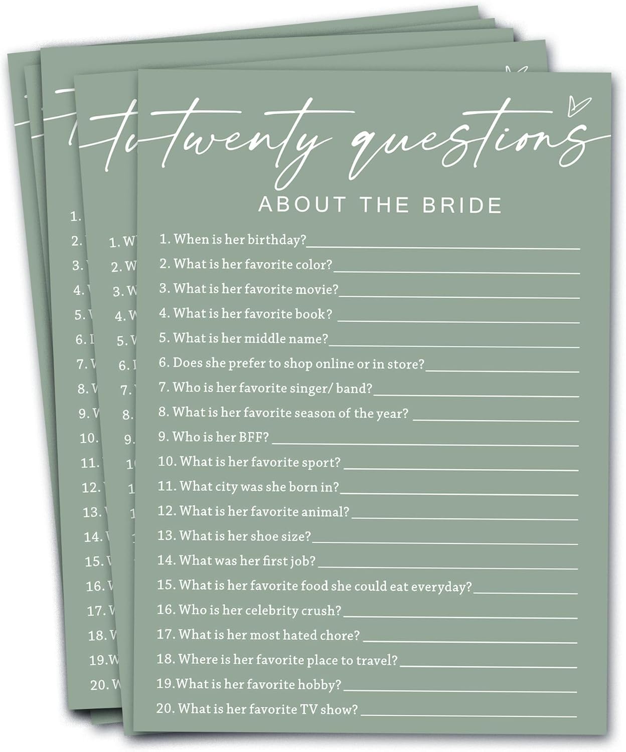 Bridal Shower Games Cards - Twenty Questions About The Bride for 25 Guests, Engagement Party Wedding Game, Minimalist Green Party Supplies - C05