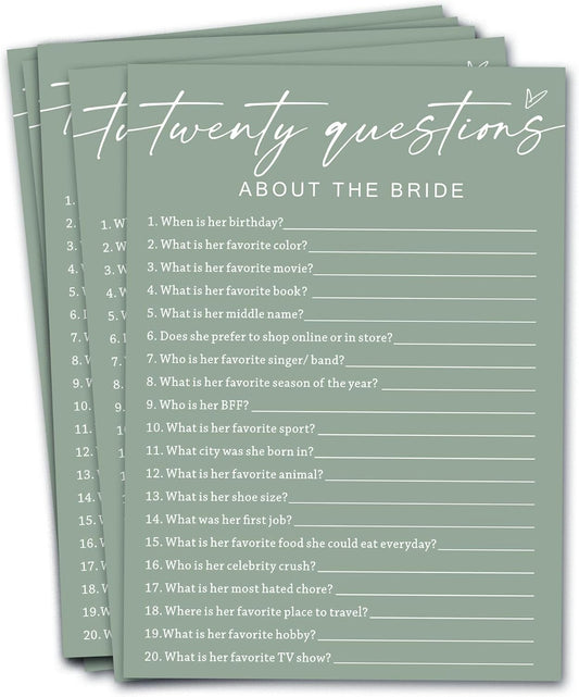 Bridal Shower Games Cards - Twenty Questions About The Bride for 25 Guests, Engagement Party Wedding Game, Minimalist Green Party Supplies - C05
