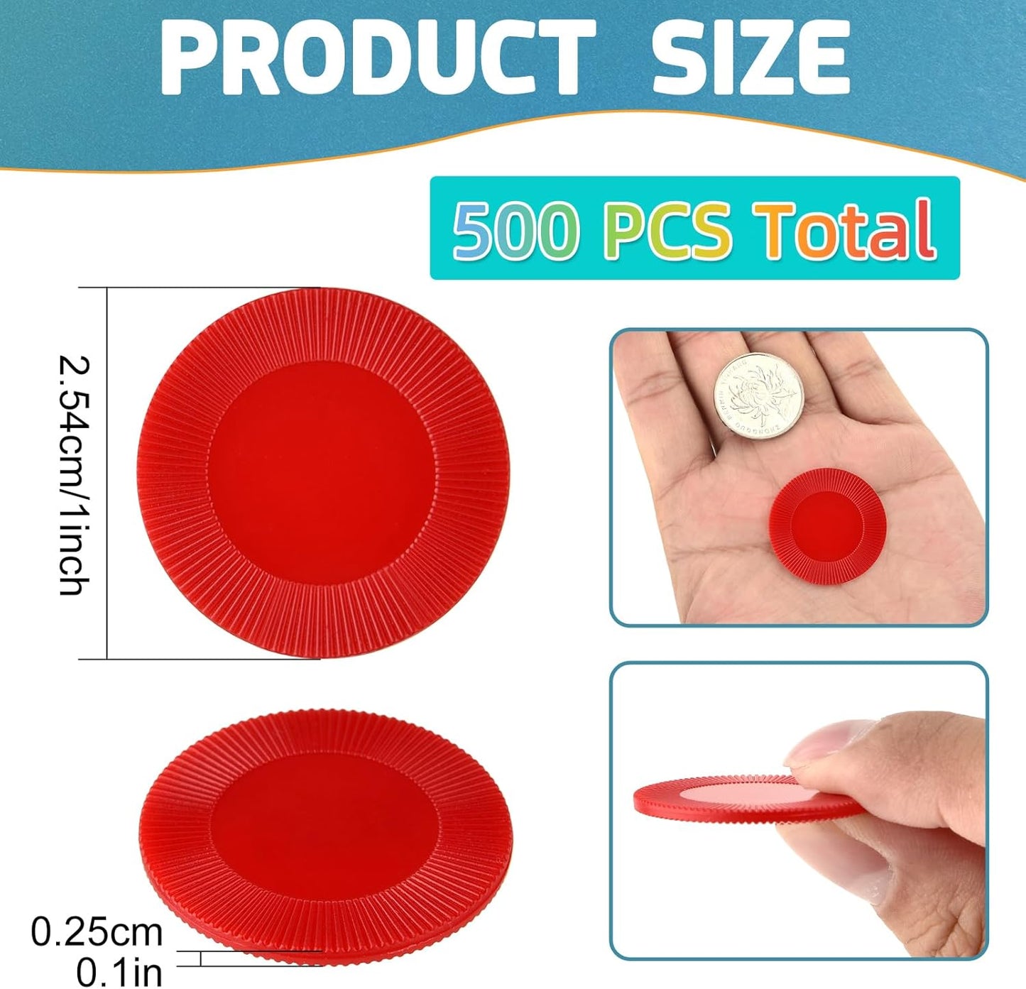 Coopay 500 Pieces Plastic Poker Chips, 1 Inch Bingo Chips Bulk Learning Counters Disks Poker Card Game, Counting Markers for Math Practice, Game Tokens and Teaching Rewards, 25 mm (Red)