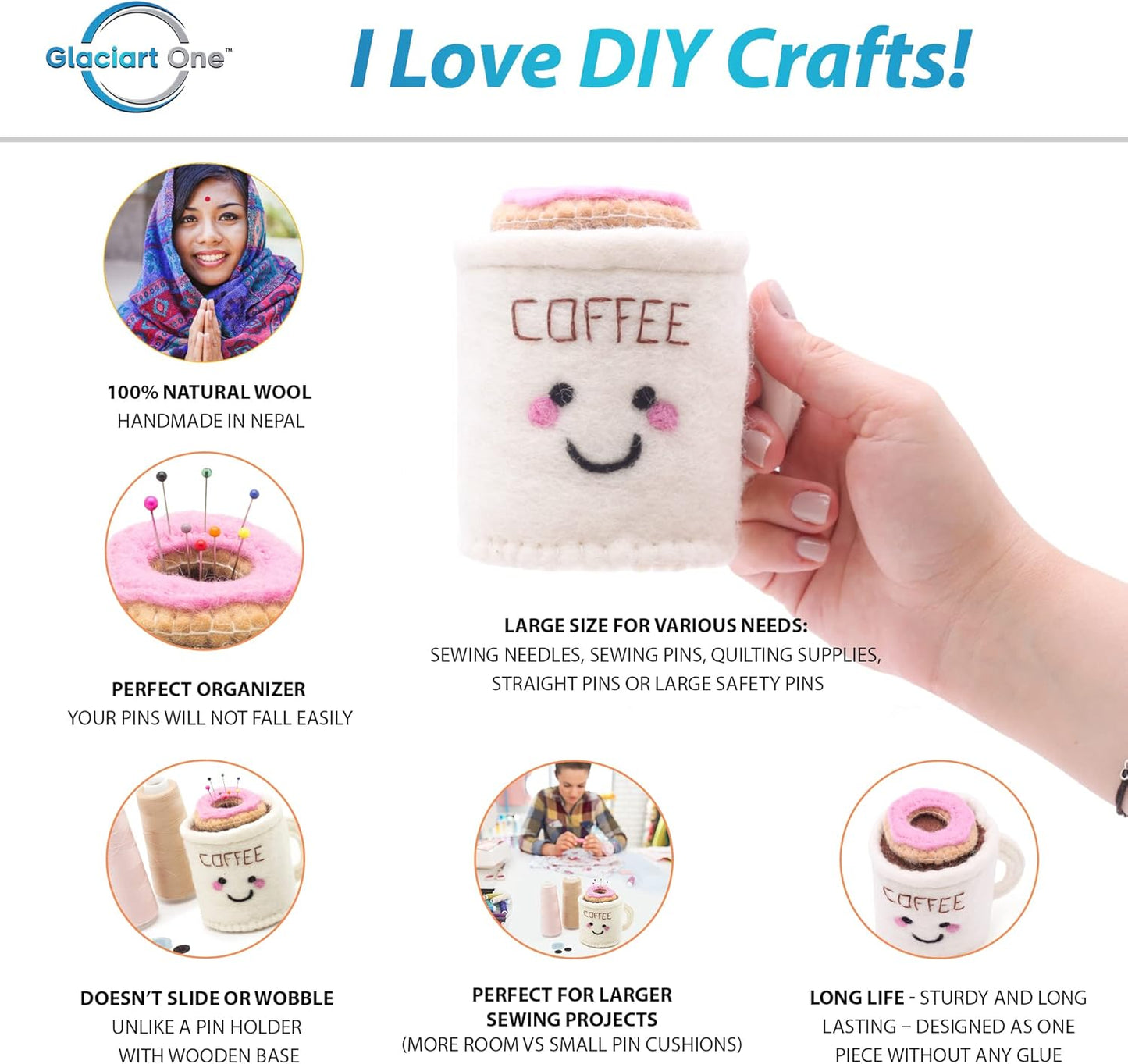 GLACIART ONE Sewing Pin Cushion Coffee Mug | Large Size |Durable & Handmade Craft Supplies | Also for Quilting Needles, Sewing Machine Needles, Safety and T Pins