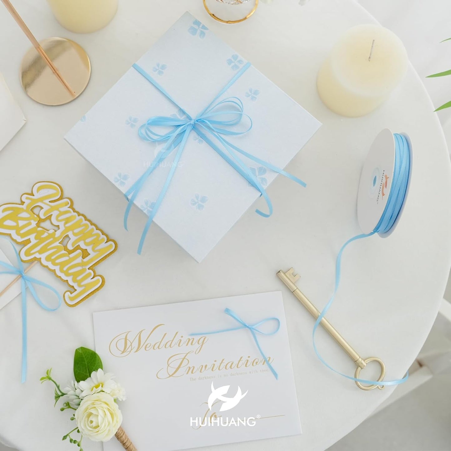 HUIHUANG Solid Color Satin Ribbon 1/8 inch x 100 Yards Roll Ribbon Thin Satin Baby Light Blue 1/8 Crafts Ribbon for Crafts Gift Wrapping DIY Bows Invitation Card (Blue)