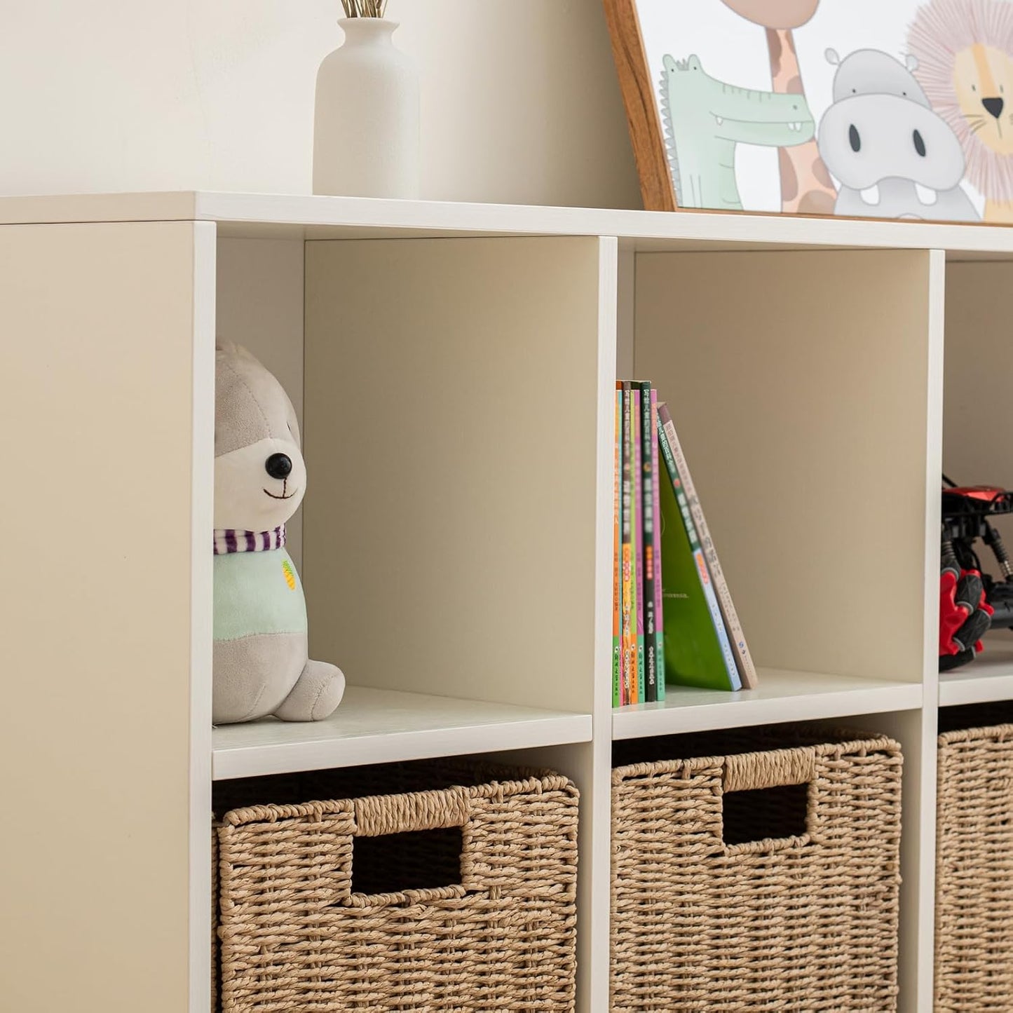Wood 8-Compartment Storage Cabinet 8-Cube Storage Cabinet Organizer Wooden Cubby Bookshelf White 2 tier Open Cabinet Qquare Cubby Shelf for Home Office Living Room (8-Cube, 11 in Shelf Opening)