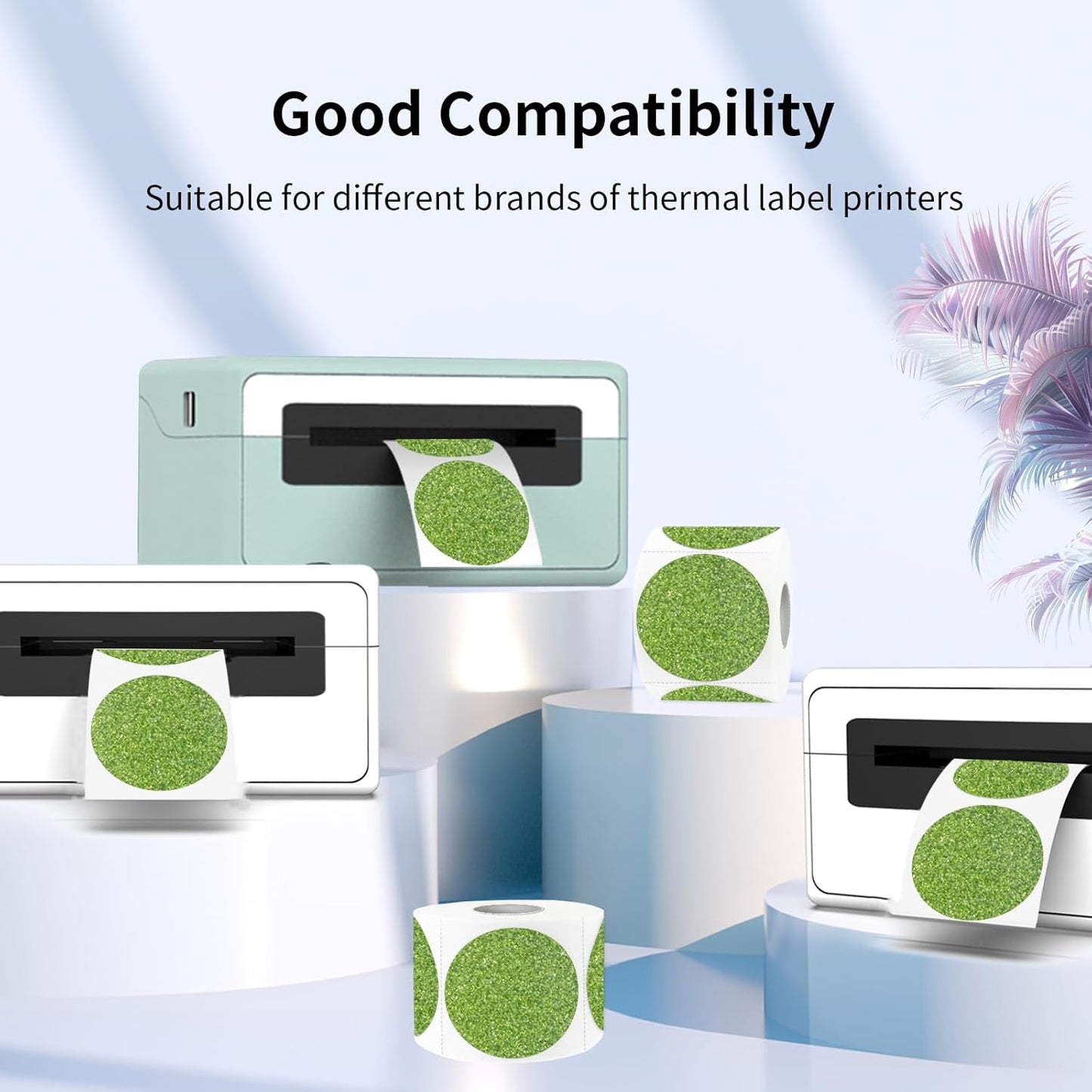 1.5" Holographic Direct Thermal Label Stickers, Round Printable Rainbow Glitter Thermal Printer Sticker Labels for Gift Wrapping, Self-Adhesive DIY Custom Logo Design- Glitter Green