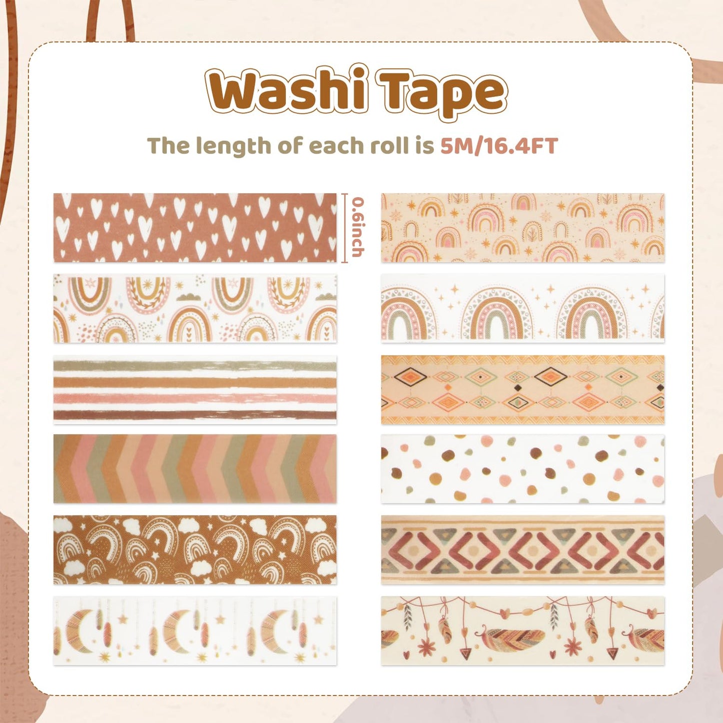 12 Rolls Washi Tape Set, Retro Boho Vintage Colored Rainbow Sun Stars Masking Tapes, Doodle Hand-Drawn Decorative Adhesive Tapes for Planners, Scrapbook, Journal, DIY Art Crafts, Gift Wrapping 16.4Ft