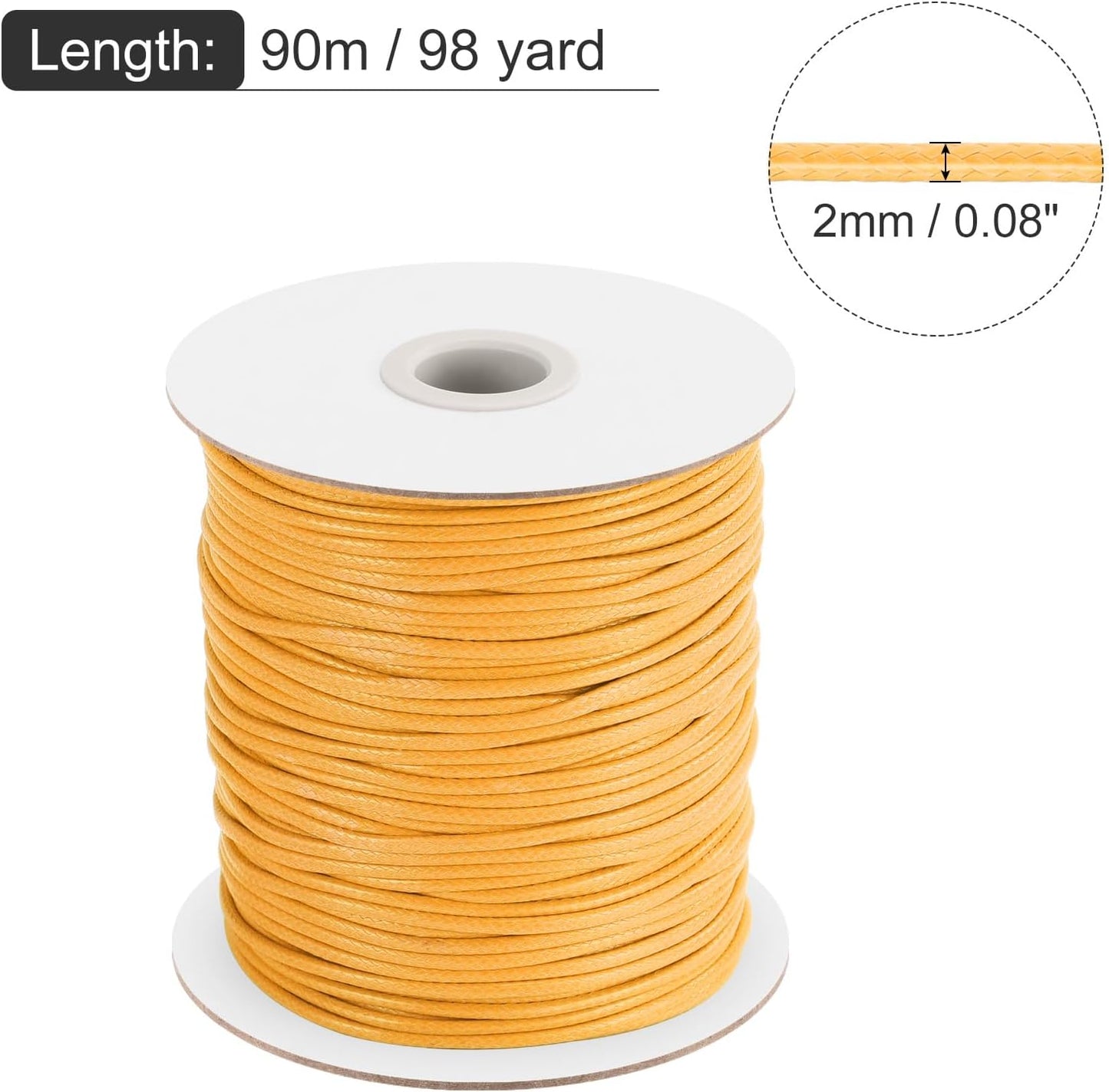 MECCANIXITY Waxed Cord 2mm Waxed Polyester Cord 98 Yard Wax String for Bracelet Making, Necklaces, Beading, Jewelry Making and DIY Crafts(Yellow)